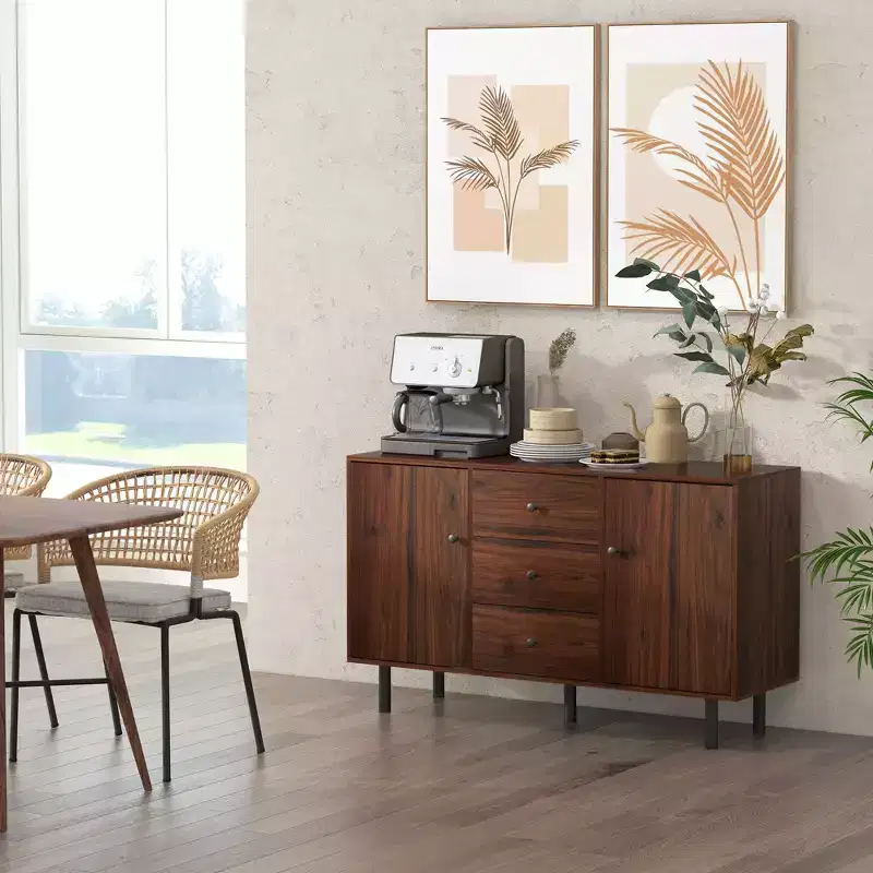 HOMCOM Storage Sideboard, Credenza Cabinet with 2 Cupboards, 3 Drawers and Adjustable Shelves, Buffet Table for Living Room, Entryway, Rustic Brown
