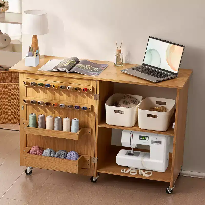 VEVOR Folding Sewing Table, Multipurpose Sewing Machine Table with Compact Design, Wheels, Shelves, Storage Trays, Wooden Pegs, Wood Color