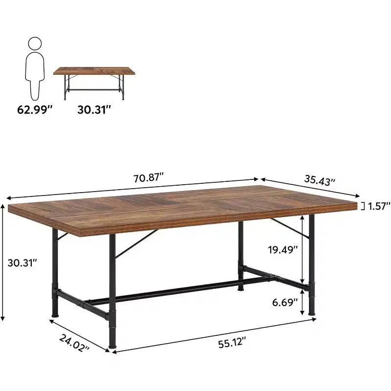 Lantine 70.9-Inch Rectangular Dining Table with Wooden Top and Metal Legs, Seats 6-8 People, Ideal for Home Kitchen and Living Room.