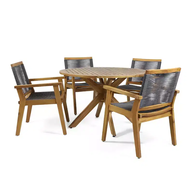 GDFStudio Specter Outdoor Acacia Wood and Rope 5 Piece Dining Set, Teak/Dark Gray
