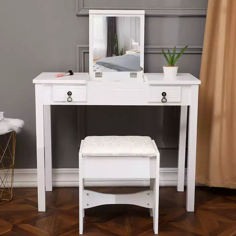 White Density Board Painted Two Drawers Flip-up Mirror Straight Legs Dressing Table Set