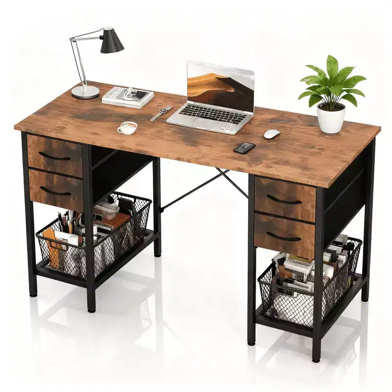 47'' Computer Desk with 4 Reversible Fabric Drawers & Mesh Shelf, Large Storage Desk for Home Office, Gaming & Study
