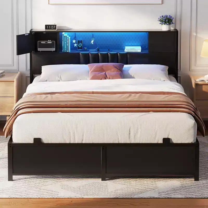 Bed Frame with LED Light and Charging Station