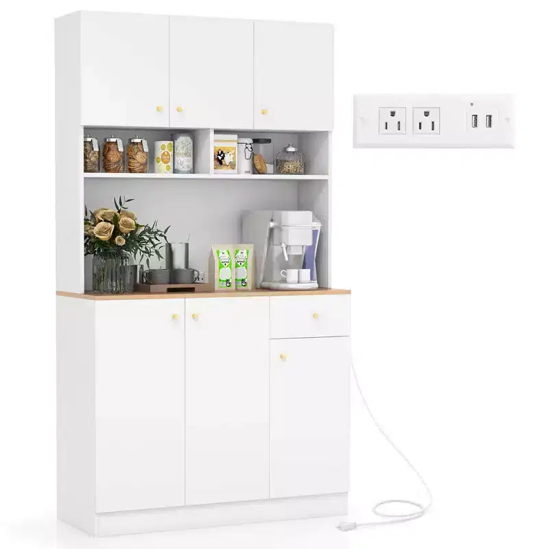 71 Tall Pantry Cabinet with Outlets USB Ports Anti-Tipping Kits Adjustable Shelves White