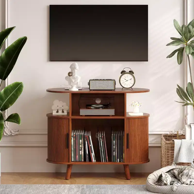 Mid-Century Modern Record Player Stand, Wooden Turntable Shelf, Open Vinyl Storage Cabinet, for Living Room, Bedroom