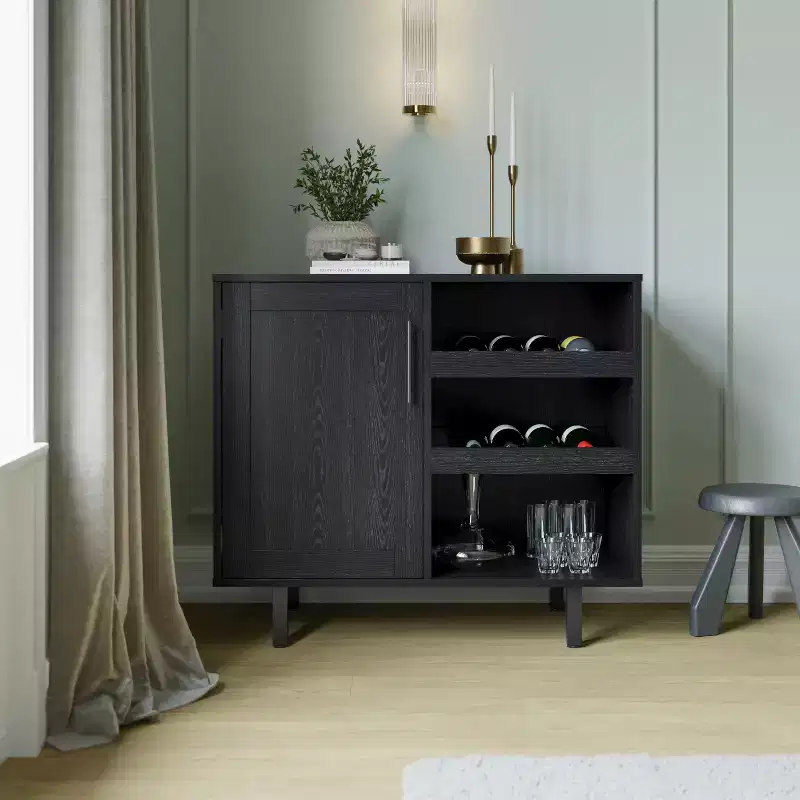 Classic Bar and Sideboard with Shaker Style Single Door Cabinet, Hanging Glass Storage and Open Bottle Shelves