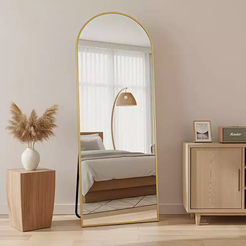 MAYEERTY Aluminum Full-Length Mirror 57x20in, Gold, Arch Shape, Tempered Glass, With Stand