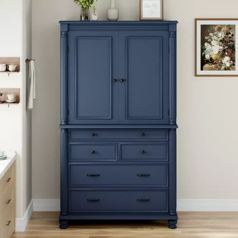 GDFStudio Elea Freestanding Tall Kitchen Pantry Cabinet with 5 Drawers, 6 Door Shelves and 2 Adjustable Shelves