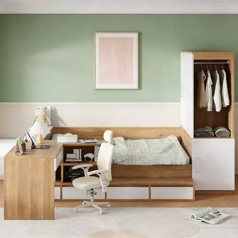 Full Size Storage Bed with Built-in Desk, Wardrobe & 6 Drawers, White, Space-Saving