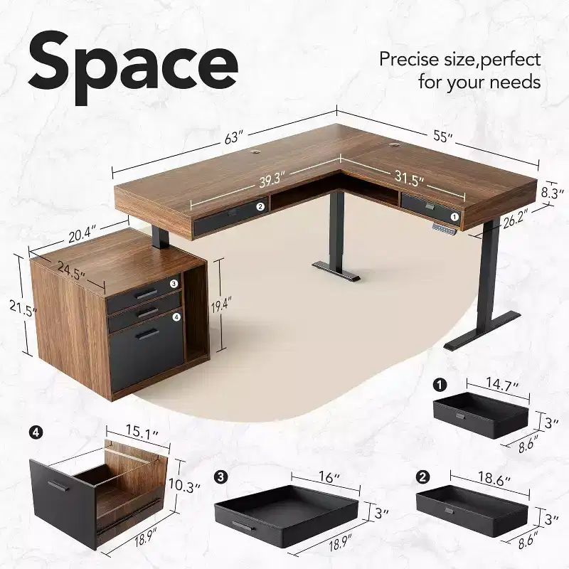 63 X 53 In Electric L Shaped Standing Desk with 2 Storage Drawers File Cabinet, Height Adjustable Corner Standing Desk, Computer Desk, Walnut