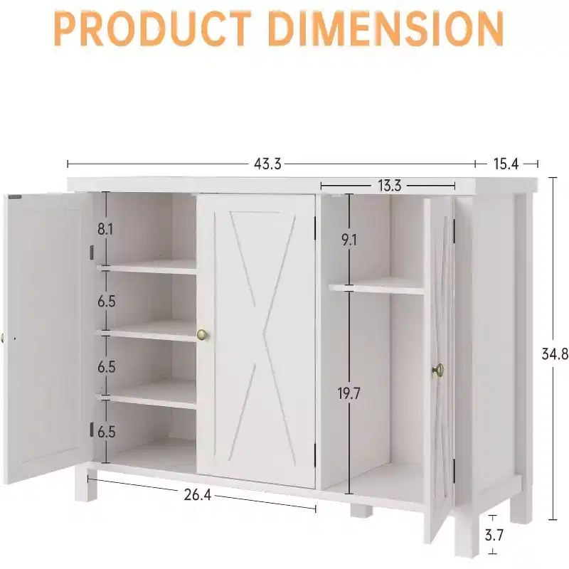 43 Farmhouse Shoe Storage Cabinet with 3 Barn Doors, Adjustable Shelves, Large Capacity Narrow Shoe Rack for Entryway & Living Room, White