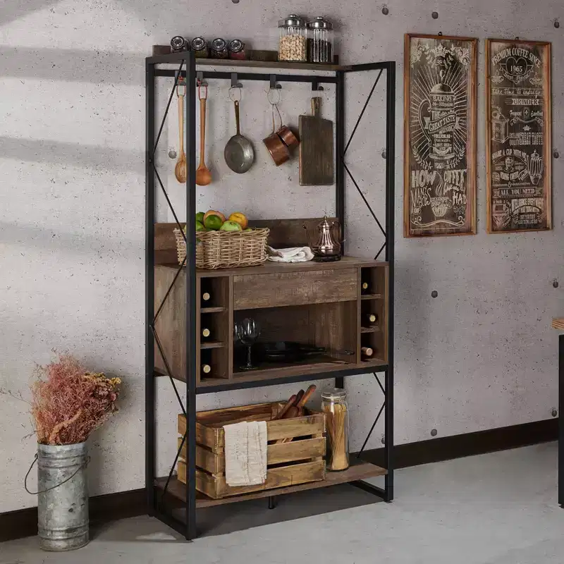 Rustic Baker's Rack, Reclaimed Oak, Industrial Style, 3 Shelves, Metal Frame, 67