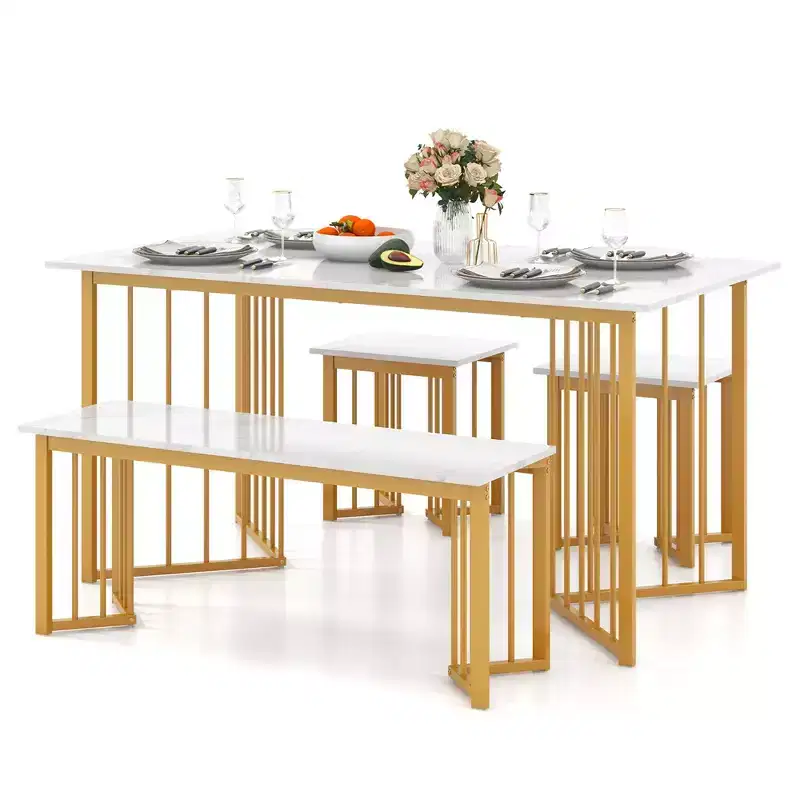 Costway 4PCS Dining Table Set Kitchen Table w/ Bench & 2 Stools Wing-shaped Metal Legs