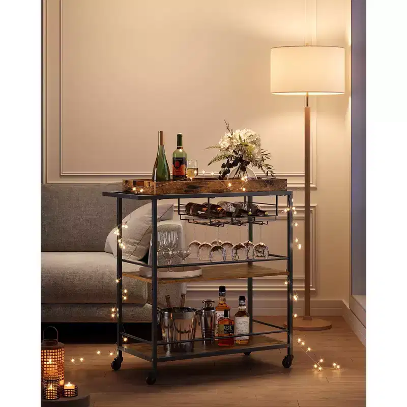 3-Tier Kitchen Serving Cart with Removable Tray - Mobile Utility Cart with Wheels & Brakes, Rustic Brown and Black