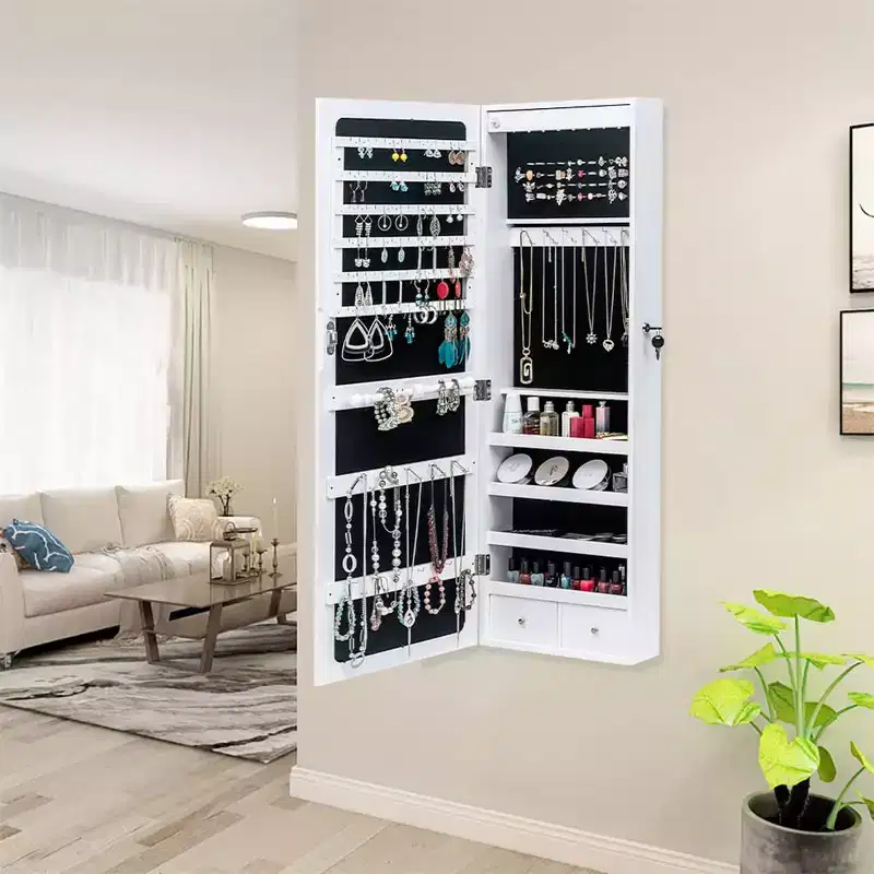 Jewelry Cabinet, Wall/Door-Mounted Non-Full Mirror Organizer Wooden Storage Box for Earrings/Necklaces/Bracelets/Watches/Sunglasses White