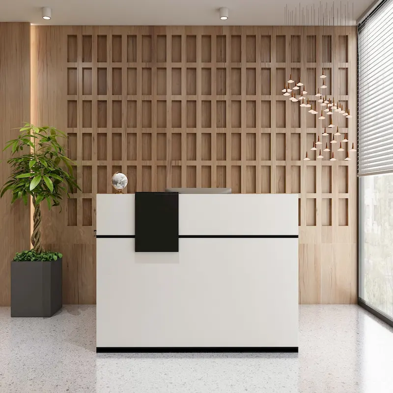 Modern Rectangular Wood Reception Desk with Drawer & Storage Compartments