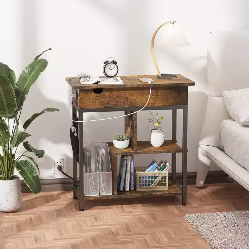 End Table, Flip Top Side Table, 3 Tier Small Couch Table, Bedside Table with Shelves Storage Bag, for Living Room Bedroom, Brown