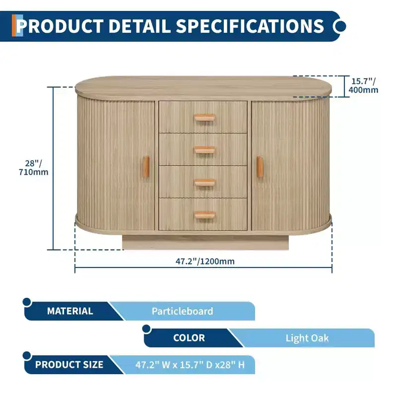 47 Fluted Sideboard Buffet Cabinet with 4 Drawers and 2 Sliding Doors, Coffee Bar Storage Cabinet for Dining Room - Natural Oak