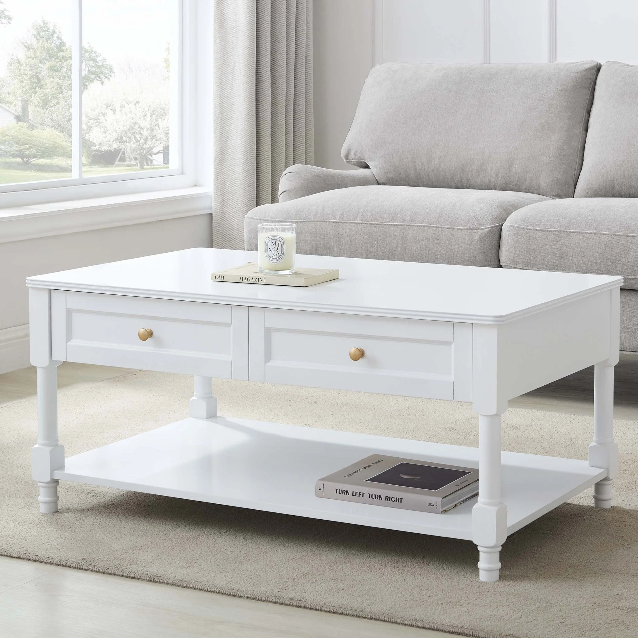 Classic Warm White Painted Coffee Table with Drawer Storage for Living Room