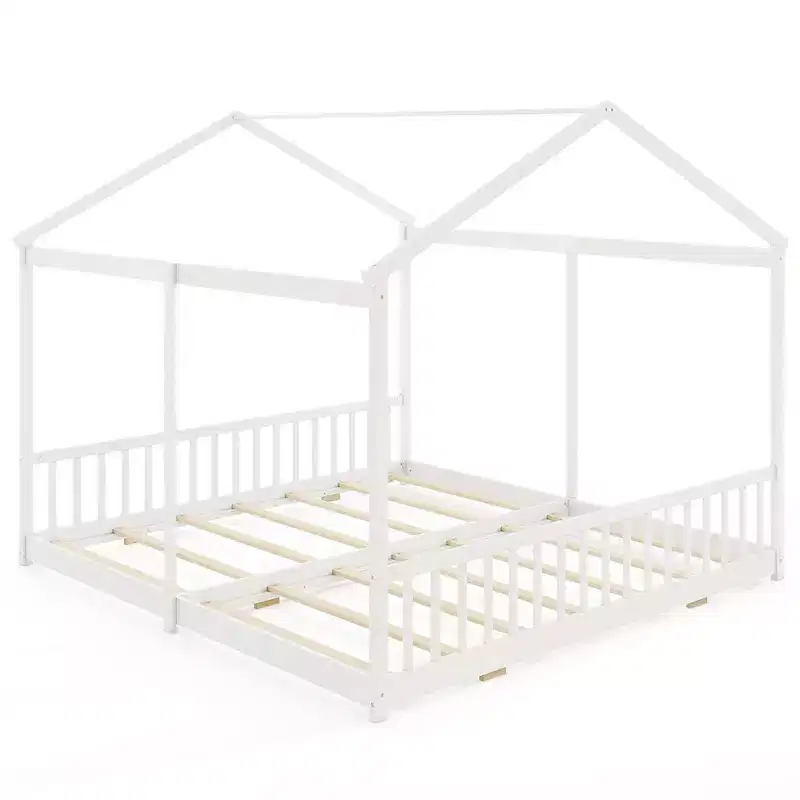 Costway Double Floor Bed w/ Safety Guardrails No Box Spring Needed for Teens Boys Girls White