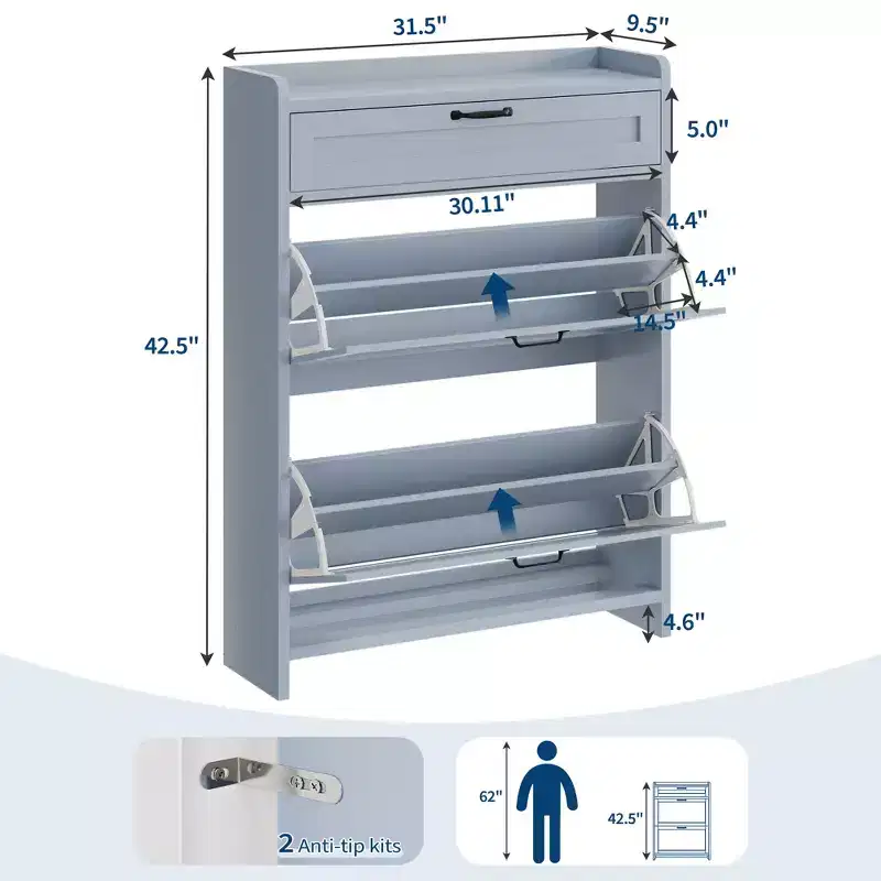 Shoe Storage Cabinet with 2 Flip Drawers, Freestanding Shoe Rack with Adjustable Shelf, Wood Hidden Shoe Organizer for Entryway, Living Room