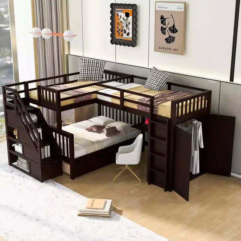 Twin-Twin over Full L-Shaped Bunk Bed with Wardrobe Space, Solid Wood Staircase Bunk Bed with Portable Desk