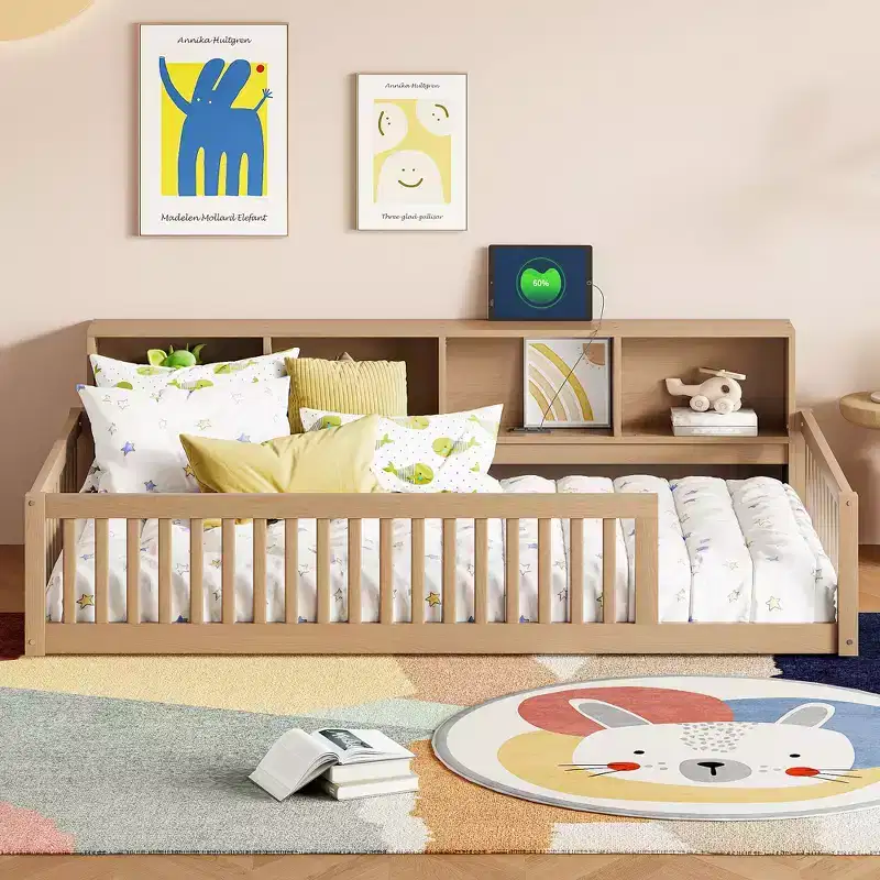 Bellemave Twin XL Floor Bed with Storage Cabinets and USB Charging Ports, Solid Wood Frame with Semi-Enclosed Fence, Easy Assembly, Brown