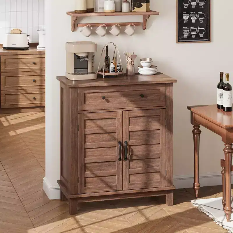 Rustic Storage Cabinet with Adjustable Shelves, Farmhouse Organizer with Slatted Doors for Kitchen and Entryway