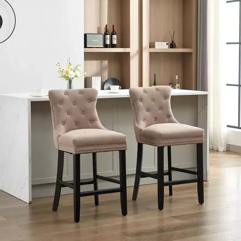 Upholstered Counter and Bar Stools Solid Wood Legs, Button Tufted Back