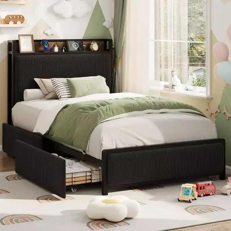 Twin Size Bed Frame with 2 Storage Drawers and Charging Station, Rustic Velvet Upholstered Platform Bedframe with Storage Headboard