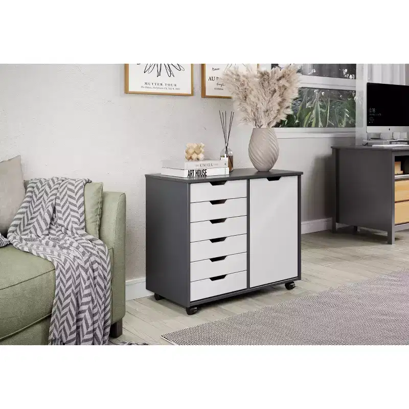 1-Door 6-Drawer Rolling Storage Cart, Pine Wood