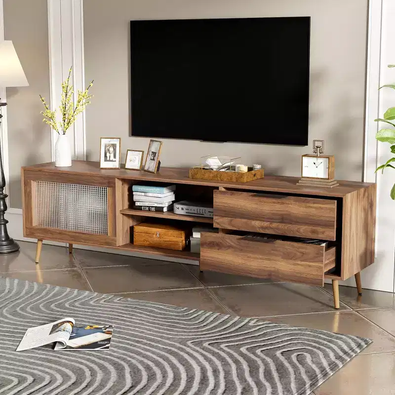 Modern TV Stand for TVs up to 80'', TV Media Console with 2 Glass Doors, Entertainment Center with 2 Drawers & Storage Cabinet, Walnut