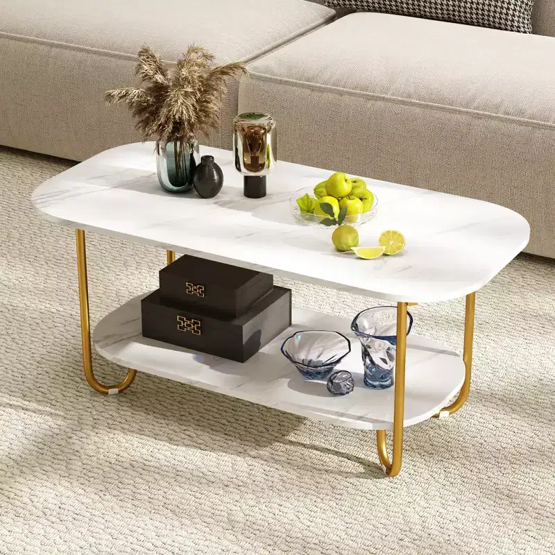 Costway Faux Marble Top Coffee Table w/Metal Frame Rounded Corners & Storage Shelf