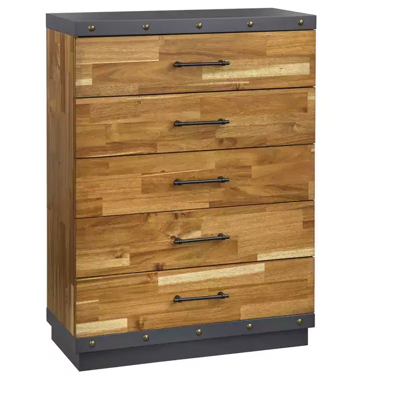 5 Drawer Chest Brown - Modern Farmhouse Style, Solid Rubberwood, Acacia Veneer, 47.25" Height