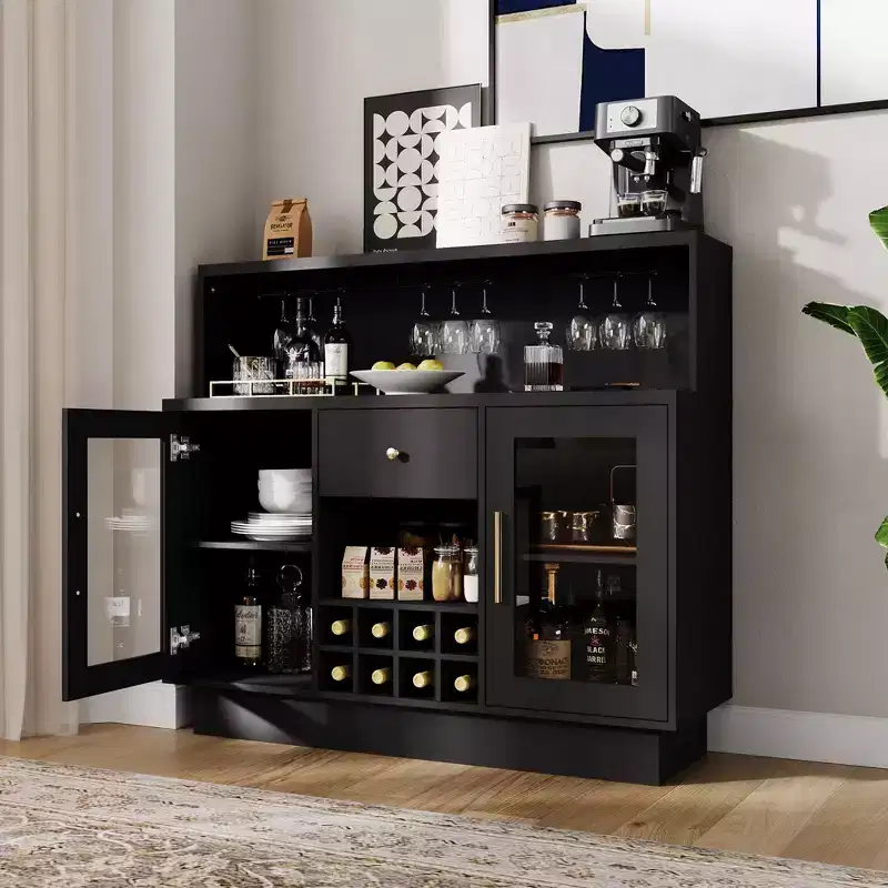 Premium 2-Tier Wine Bar Cabinet with Glass Doors & Storage Drawers - Versatile Home Bar Furniture for Kitchen, Dining Room, Office, Game Room