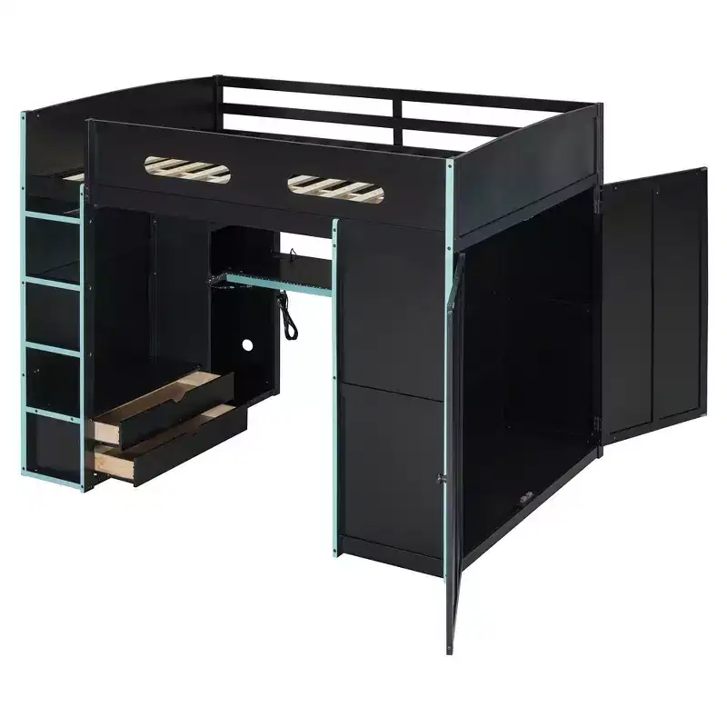 Merax Full Size Loft Bed with Desk, Wardrobe, RGB LED Lights & USB Charging Port  Stylish Black Frame with Multi-Storage Space for Game Lovers