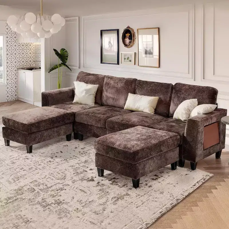 COLAMY 118 U Shaped Sectional Couches,4 Seat Modular Sofa with 2 Ottoman and Foldable Side Table for Living Room,Brown