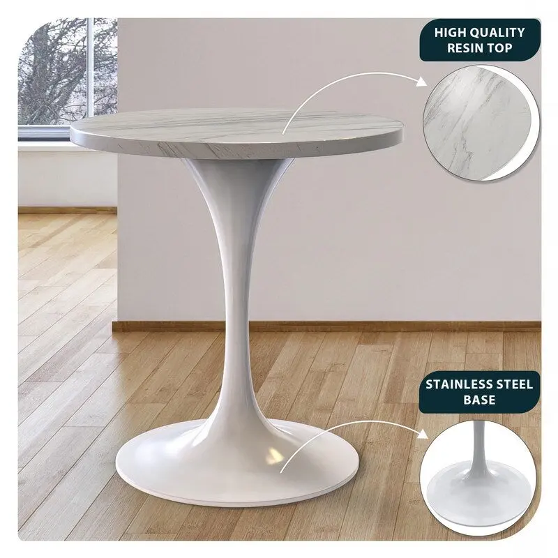 Round Dining Table with Resin Tabletop and White Steel Pedestal Base
