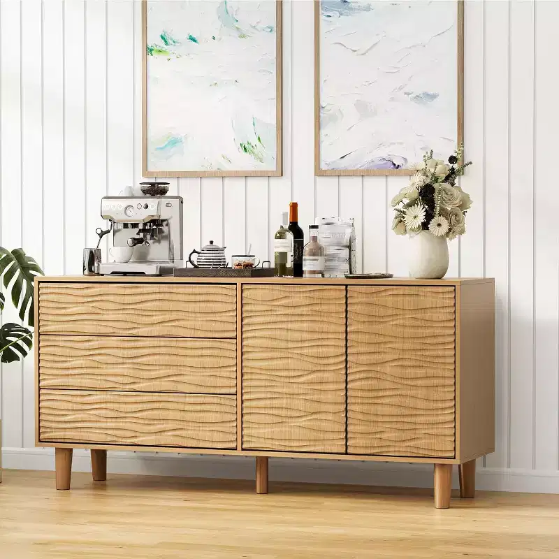 61 Mid Century Modern Buffet Cabinet with Undulating Groove Design - Large Storage Sideboard with 3 Drawers