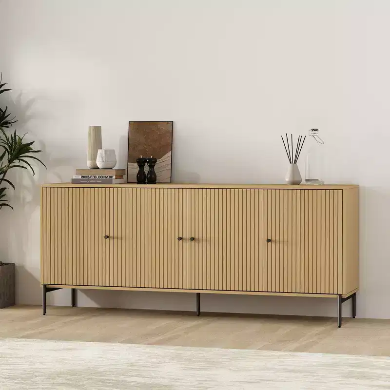 71 in Modern Slatted Door Sideboard with Adjustable Shelves and Metal Legs