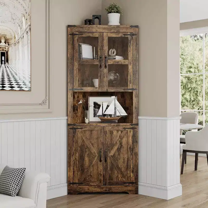 67 in Tall Corner Storage Cabinet with Lights, Farmhouse Corner Hutch Display Cabinet with Glass Doors, Wooden Storage Organizer for Kitchen