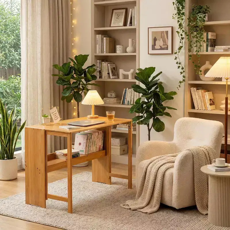 FurnitureR Natural Bamboo Folding Desk with Storage Shelf, Space-Saving Drop-Leaf Writing Table for Small Spaces, Home Office or Study Room