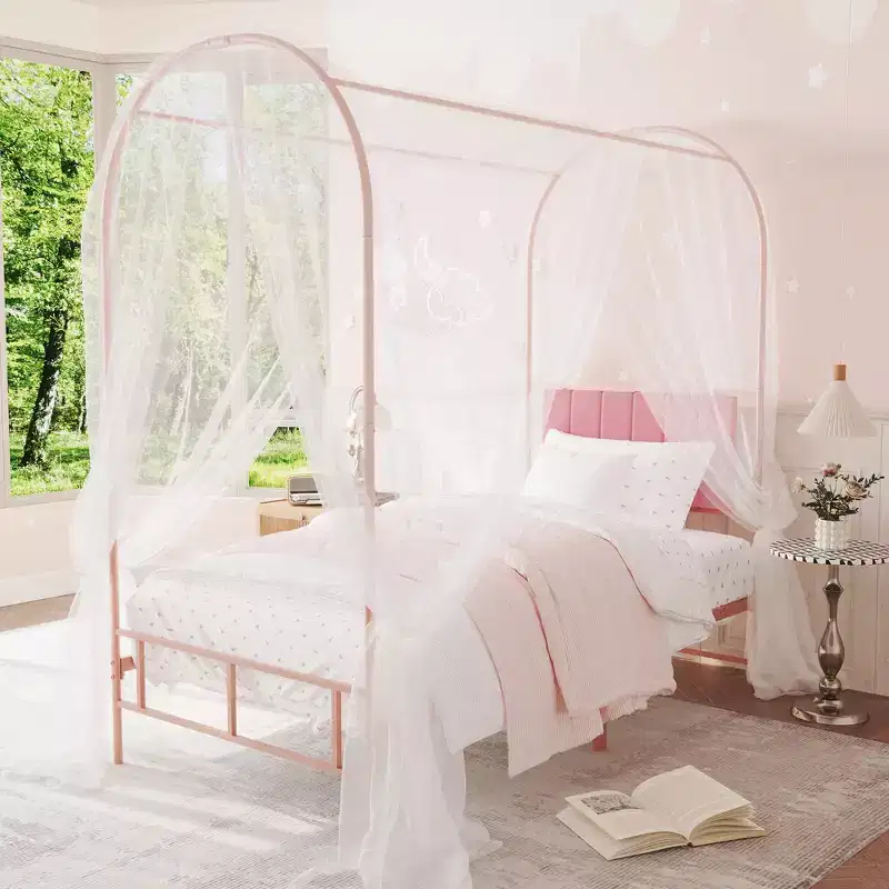 Twin Canopy Bed Frame with Upholstered Headboard, Metal Platform Bed Frame with Strong Slats Support