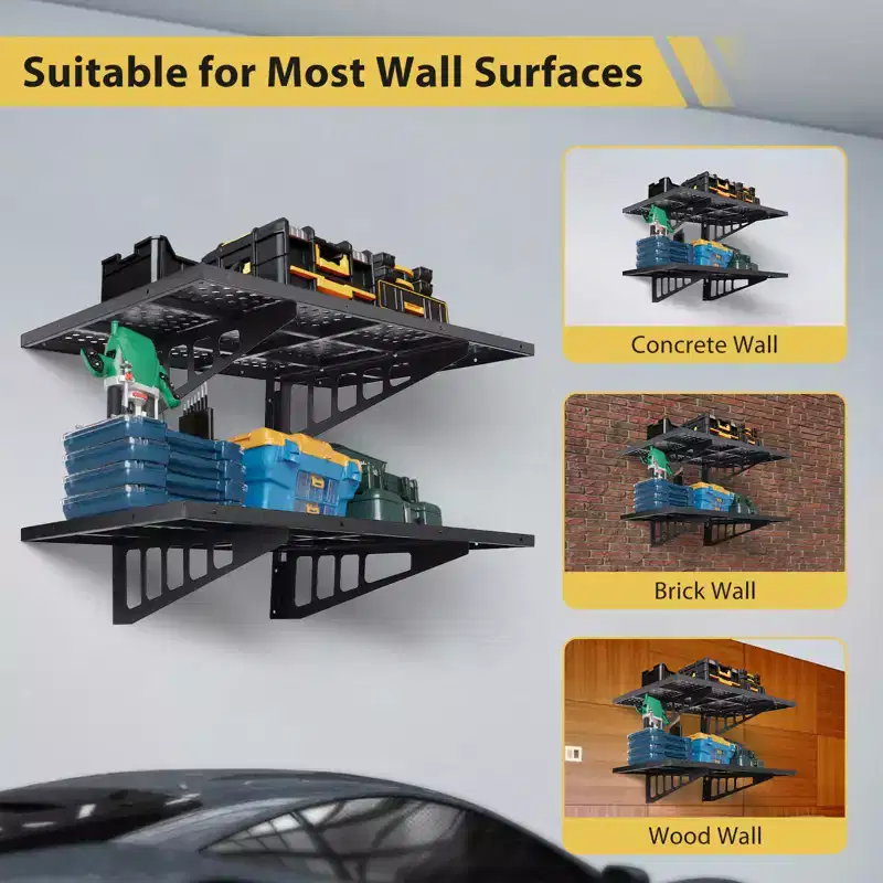 2-Pack Garage Wall Shelves, Heavy Duty Floating Shelving with 4 Hooks, 560lbs Capacity Wall Mounted Storage Rack