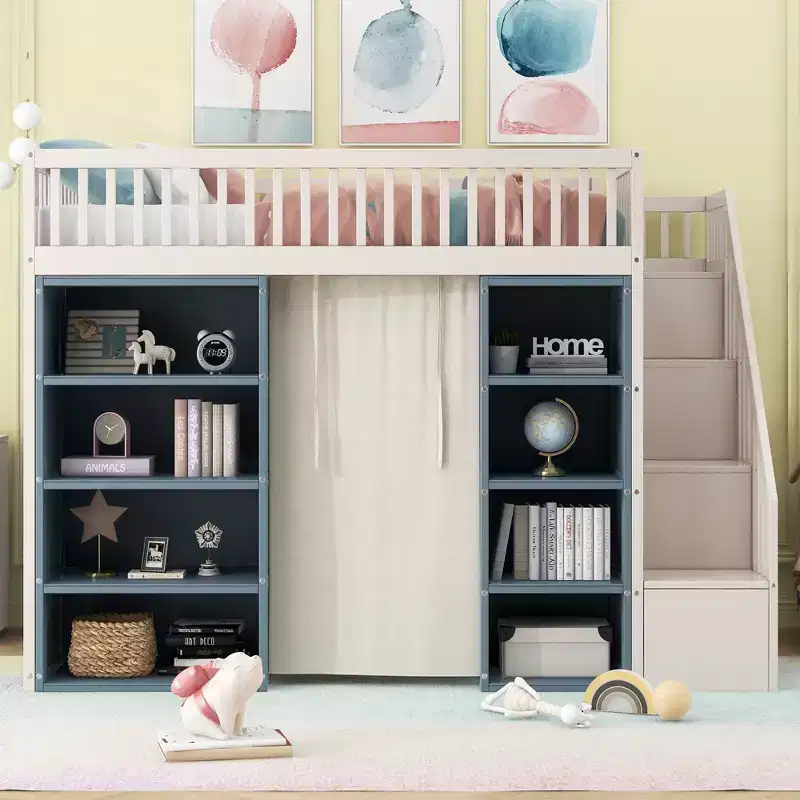 Full Size Loft Bed with Storage Cabinets & Curtain - White and Blue