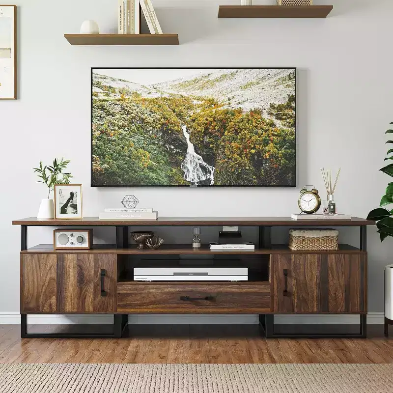 75 Inch Industrial TV Stand - Mid Century Modern Media Console with Storage Drawer & Cabinet, 70 Entertainment Center, Rustic Brown