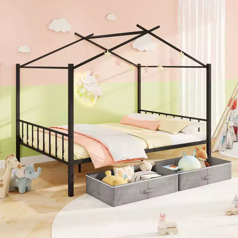 Full Size Metal House Bed with 2 Fabric Drawers, Heavy-Duty Platform Bed