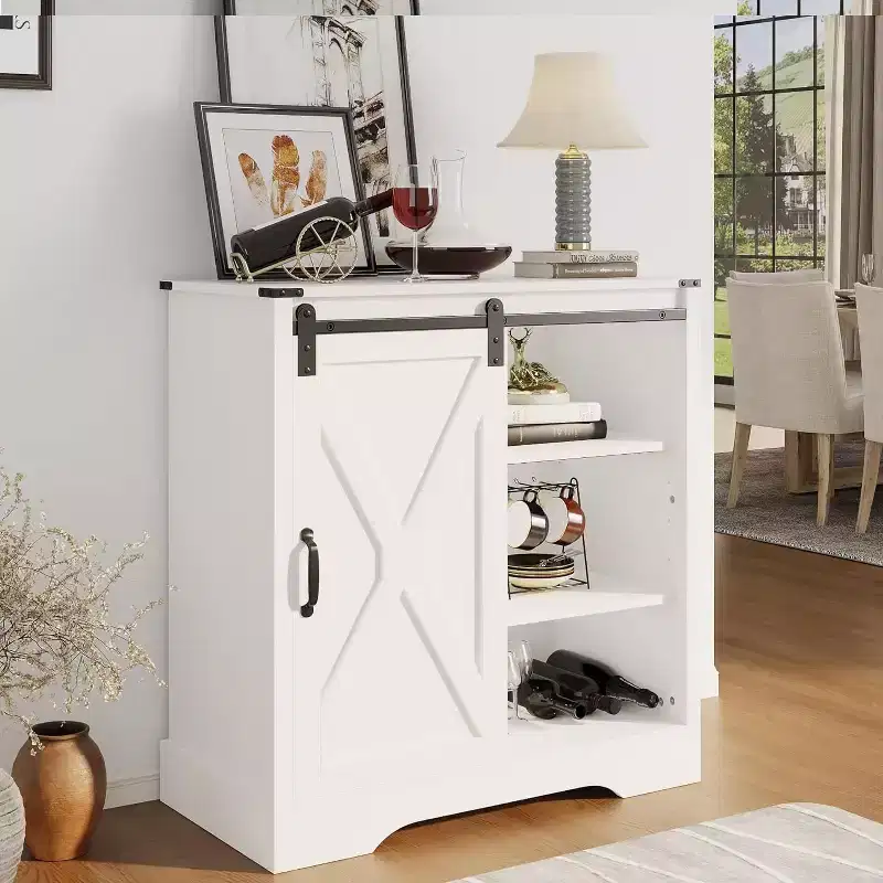 Heynemo Farmhouse Coffee Bar Cabinet with Storage, Sideboard Buffet Cabinet with Sliding Bar Door, for Dining Room Living Room Kitchen