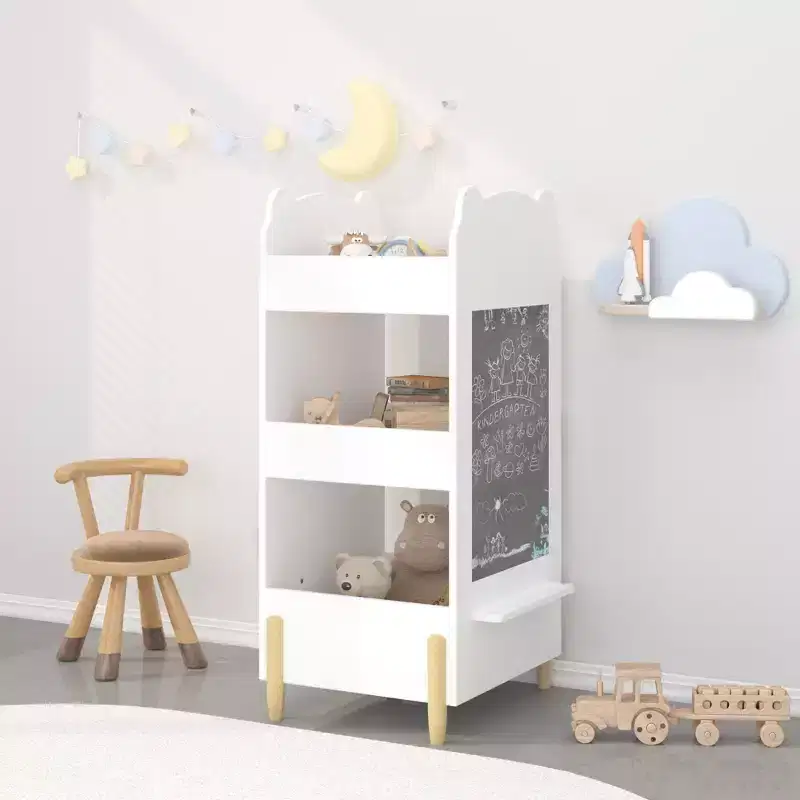 Kids Bookshelf with Chalkboard Side  Bear-Shaped Wooden Bookcase with 3-Tier Storage, Drawing Board for Toddlers, Toy and Book Organizer White