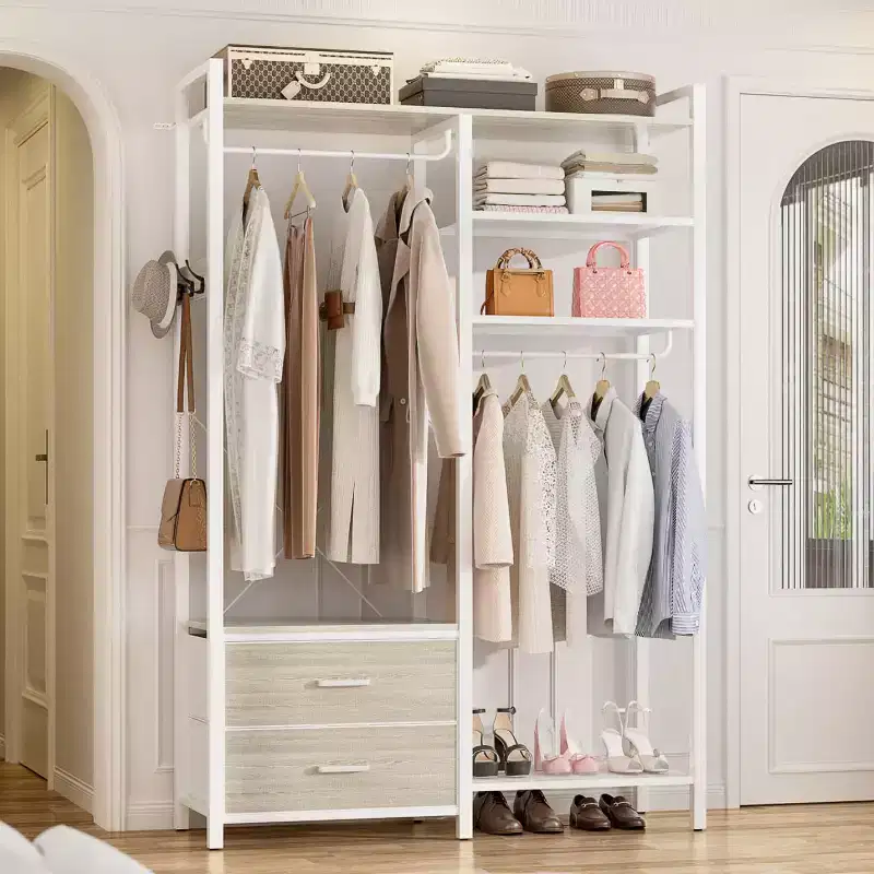 Besiost Clothes Rack with Fabric Drawers, Closet Organizer System with Hanging Rods